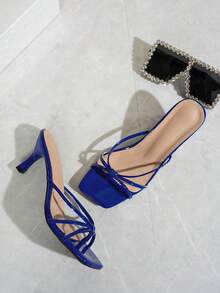 蓝色方头交叉绑带套脚高跟凉鞋，时尚细高跟穆勒鞋，舒适的宝石蓝高跟鞋，猫跟，适合任何正式场合，女士穿着。 - 藍色 - 查看 2