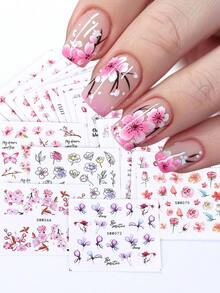 SWEET TREND Conjunto de 24 adesivos de unhas com estampa floral romântica e elegante em aquarela de flores de cerejeira, pétalas de rosa rosa, flores de cerejeira e borboletas, para decoração de unhas em salão de beleza. - Multicolorido - Ver 6