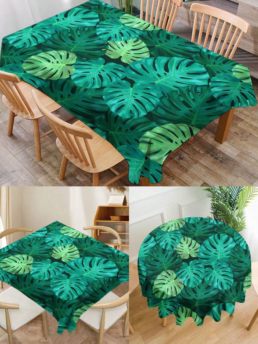 1pc Tropical Palm Leaf Print Tablecloth, Modern Polyester Rectangular/Round Waterproof Tablecloth, Digital Printing Suitable For Living Room, Outdoor Dining Table, Small Round Table - Multicolor - View 1