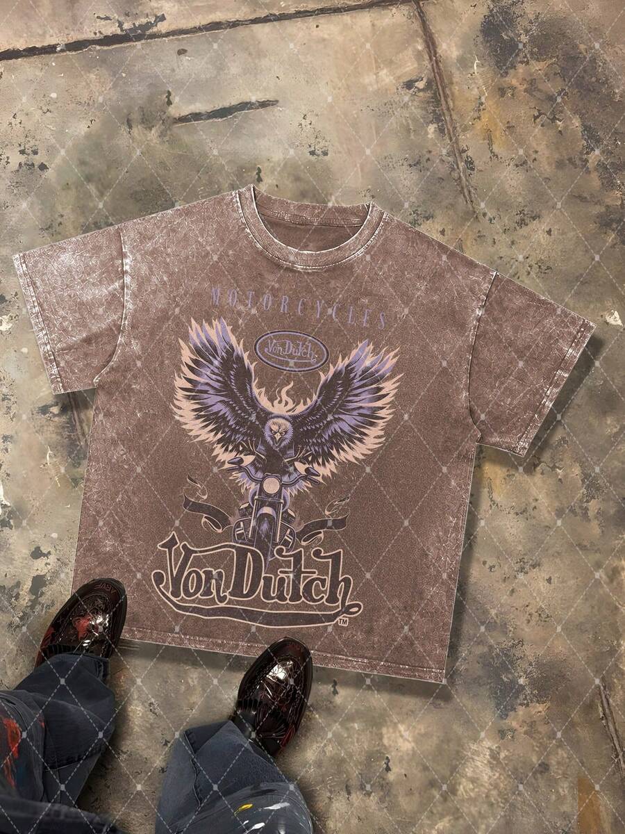Van Dutch Purple Eagle Motorcycle Graphic Men's 230g Combed Washed Cotton T-Shirt, Street Short-Sleeve Top, American Biker Vintage Style Apparel, Spring Summer Crew Neck Top, Suitable For Summer Daily Casual Wear - 咖啡棕 - 查看 1