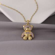 1pc 18K Gold Luxury Elegant Glamorous Full Rhinestone Heavy Work Teddy Bear Necklace For Women, Suitable For Daily Wear - Multicolor - View 5