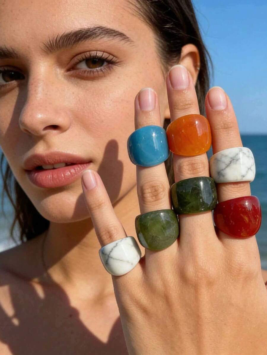 imoli 1枚波西米亚风夸张几何凹面扎染亚克力宽戒圈，适合女性日常佩戴和海滩度假。