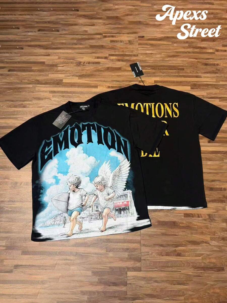 Mixed Emotion Tee,100% Cotton Printed T-Shirt,Stylish Design, Men's Graphic T-Shirt, Minimalist Design, Vintage Casual Style, Hip-Hop Style. Suitable For Outdoor Leisure Activities, Family Gatherings, And Dinners With Friends. - 黑色4 - 查看 1
