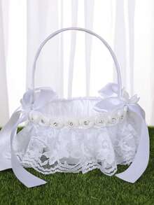 Giỏ hoa cho bé gái bằng ren trắng đính đá, giỏ cưới bằng satin thanh lịch dành cho cô dâu và phù dâu trong lễ cưới. - 1PC - Xem 14