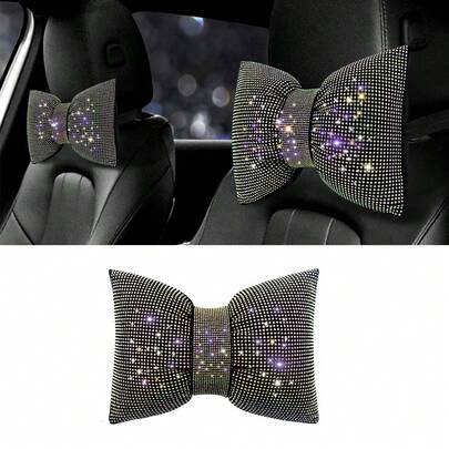1pc Rhinestone Car Headrest Neck Pillow, Colorful Driver-Specific Car Cushion, Shiny Crystal Diamond Bow Neck Support Relaxation Pillow, Women's Car Interior Accessory