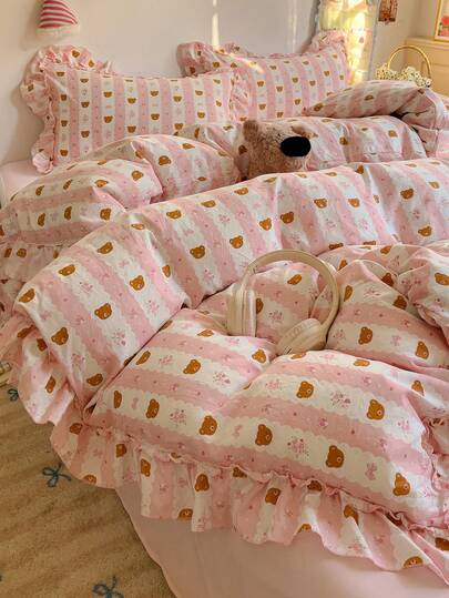 Bộ ga trải giường hoa văn 4 món, bộ đồ giường ngủ mềm mại và thoải mái, họa tiết hoa, động vật, sọc, bộ ga trải giường thoáng khí mềm mại dùng được cả bốn mùa bao gồm 1 vỏ chăn, 1 ga trải giường, 2 vỏ gối, không kèm ruột chăn, thích hợp cho phòng ngủ, ký túc xá, nhà ở, nhiều kích cỡ có sẵn