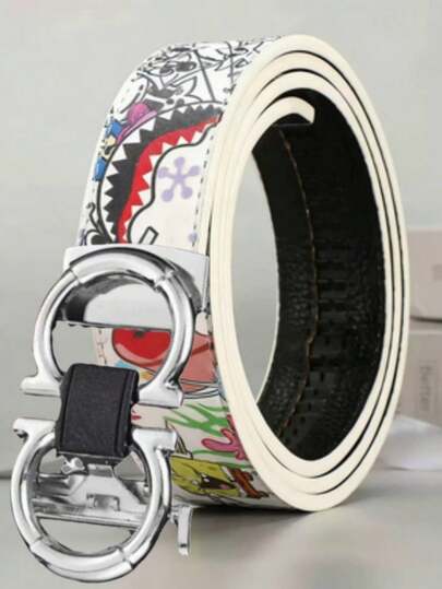 男士腰带，卡通涂鸦印花，自动扣，PU皮革，街头时尚，白色腰带，配饰，搭配牛仔裤，青春风格