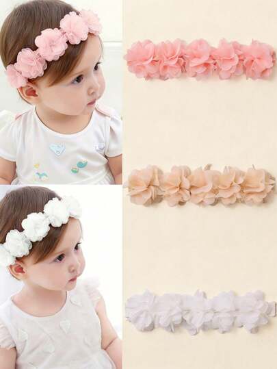 3pcs Baby Solid Flower Headbands, Sweet Princess Decorative Hair Accessories