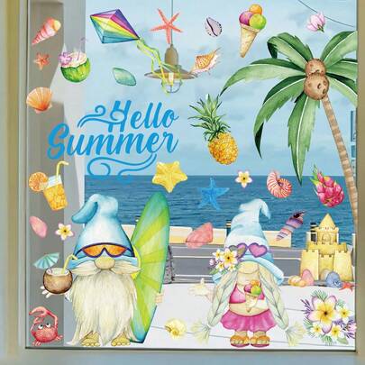 2pcs Summer Beach Gnome Window Stickers - Made Of PVC, Reusable; Window Decor For Home And Beach House Decoration, Tropical Coastal Summer Stickers