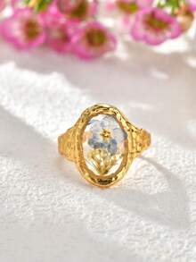 Anillos de acero inoxidable para mujer, joyas de resina con flores únicas, anillos apilables geométricos delicados y vintage, impermeables - Dorado - Ver 8