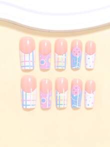 24pcs Y2K Colorful Polka Dot, Striped, Plaid, Circle Glossy Nude Elegant & Cool Designed Press-On Nails, Fashionable & Versatile For Dates, Parties, Spring/Summer, Autumn/Winter Daily Wear, Includes Jelly Gel And File, Easy To Apply And Durable, Random Jelly Gel Color - Multicolor - View 2