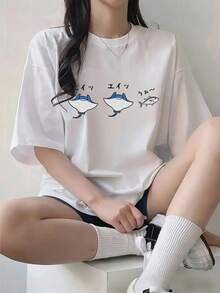 Kaos Wanita Lengan Pendek Longgar Kasual Leher Bulat dengan Motif Huruf & Ikan, Warna Putih Musim Semi/Panas - Putih - View 5