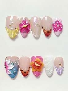 10pcs Y2K Stylish Dotted, Shell Textured, 3D Floral, Pearl, Crystal, Water Drop Nail Art Decals, Vacation Vibe, Press-On Nails - Multicolor - View 1