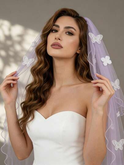 1pc Purple Lace Applique Double-Layer Bridal Veil, Waist & Hip Length, Suitable For Wedding, Bachelorette Party, Civil Registration, Beach Wedding Photography, Comes With Hair Comb