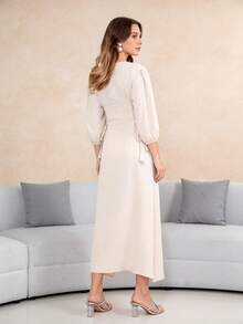 2026 New Style Festival Traditional Elegant Embroidered Floral Arabic Dress, Modest Abaya With 2 In 1 Design, 3/4 Sleeve, Fashionable And Graceful - Apricot - View 12