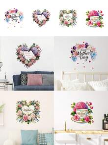 1pc Wall Sticker, Mother's Day Self-Adhesive Waterproof Removable Sticker, Elegant Heart-Shaped Floral Wreath, Rose, Hydrangea, Coffee Cup Pattern, Suitable For Mother's Day Party Decor, Home Decor, Kitchen, Living Room, Bedroom, Bathroom Decor - 1PC - View 1