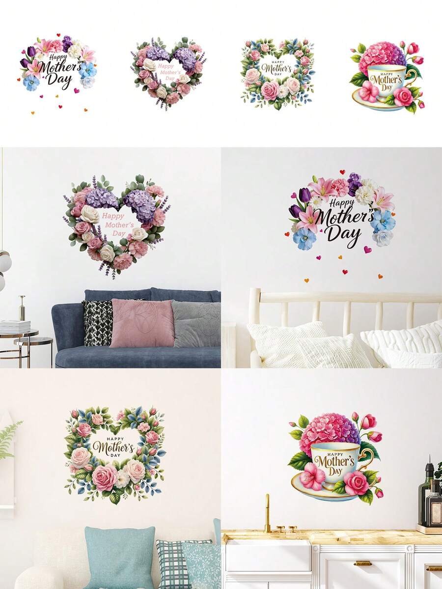 1pc Wall Sticker, Mother's Day Self-Adhesive Waterproof Removable Sticker, Elegant Heart-Shaped Floral Wreath, Rose, Hydrangea, Coffee Cup Pattern, Suitable For Mother's Day Party Decor, Home Decor, Kitchen, Living Room, Bedroom, Bathroom Decor - 1PC - View 1