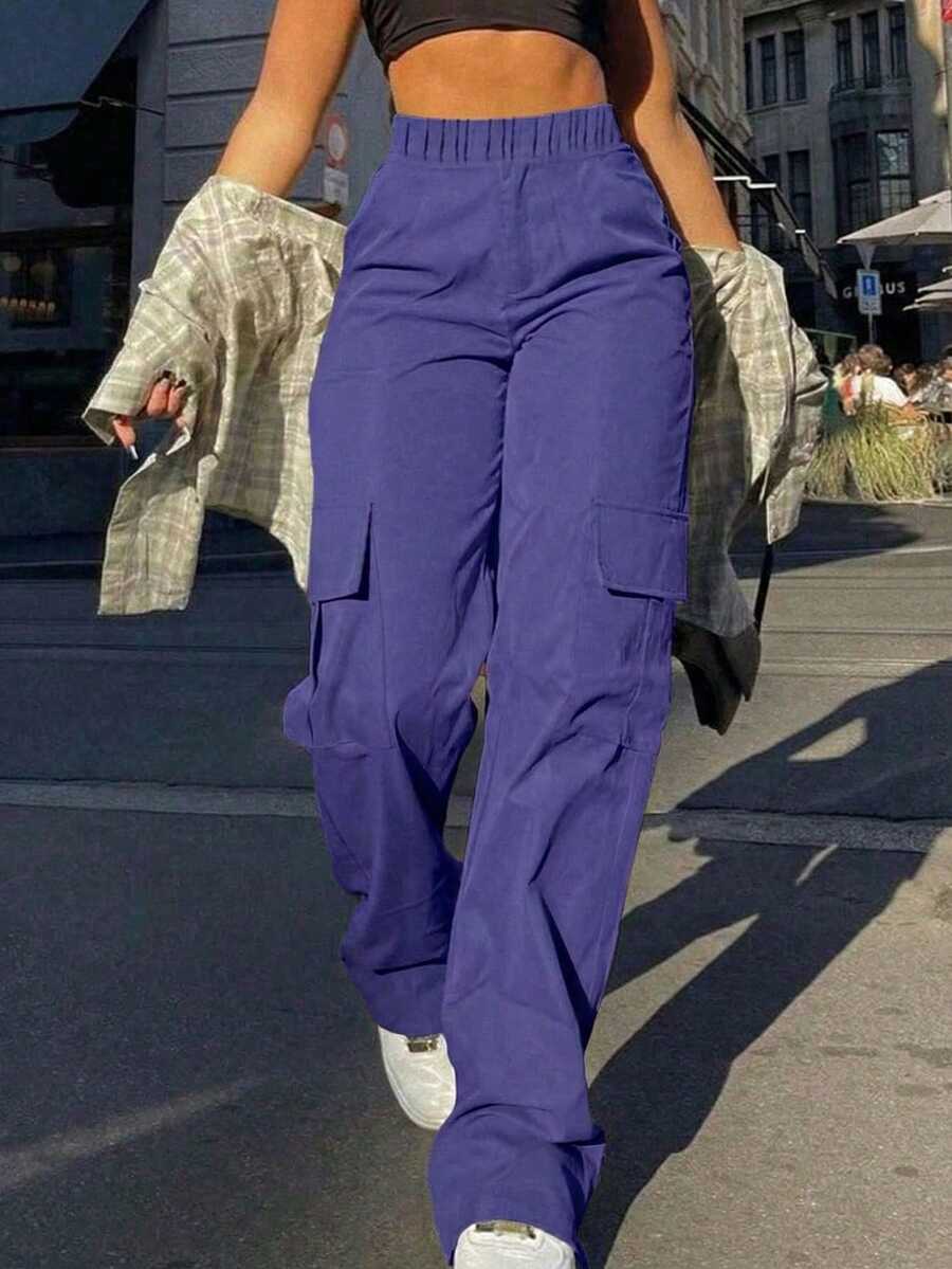 1pc Girls & Teens Casual Loose Straight Leg Multi-Pocket Cargo Pants, Suitable For Workout, Outdoor, Spring/Summer/Autumn/Winter - Purple - View 1