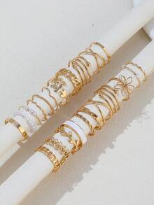 22 Pieces Fashion Butterfly Rhinestone Inlaid Ring Mixed Pearl Ring Women Geometric Chain Joint Ring Set, Flowers, Leaves, Faux Pearls, Suitable For Women, Daily, Beach, Summer, Wear, Valentine's Day, Mother's Day, Easter, Gift, Gold Ring Women's Jewelry Set - Gold - View 4