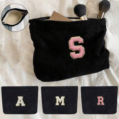 A-Z Letter Pattern Cosmetic Bag, Gift For Girls, Corduroy Makeup Bag, Cosmetic Organizer Bag, Makeup Pouch, Clutch, Foldable Lightweight Organizer Bag, Teacher Gift Clutch, Nurse/Doctor/Teacher Organizer Bag, Suitable For Personal Travel Cosmetic Storage, Makeup Bag, Makeup Organizer Bag, Cosmetic Storage Bag Make Up Bag For Women
