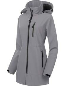 Women's Waterproof Long Trench Coat Fleece Lined Softshell Jacket Lightweight Hooded Raincoat Warm Windbreaker For Outdoor Running Hiking - 淺灰色 - 查看 1
