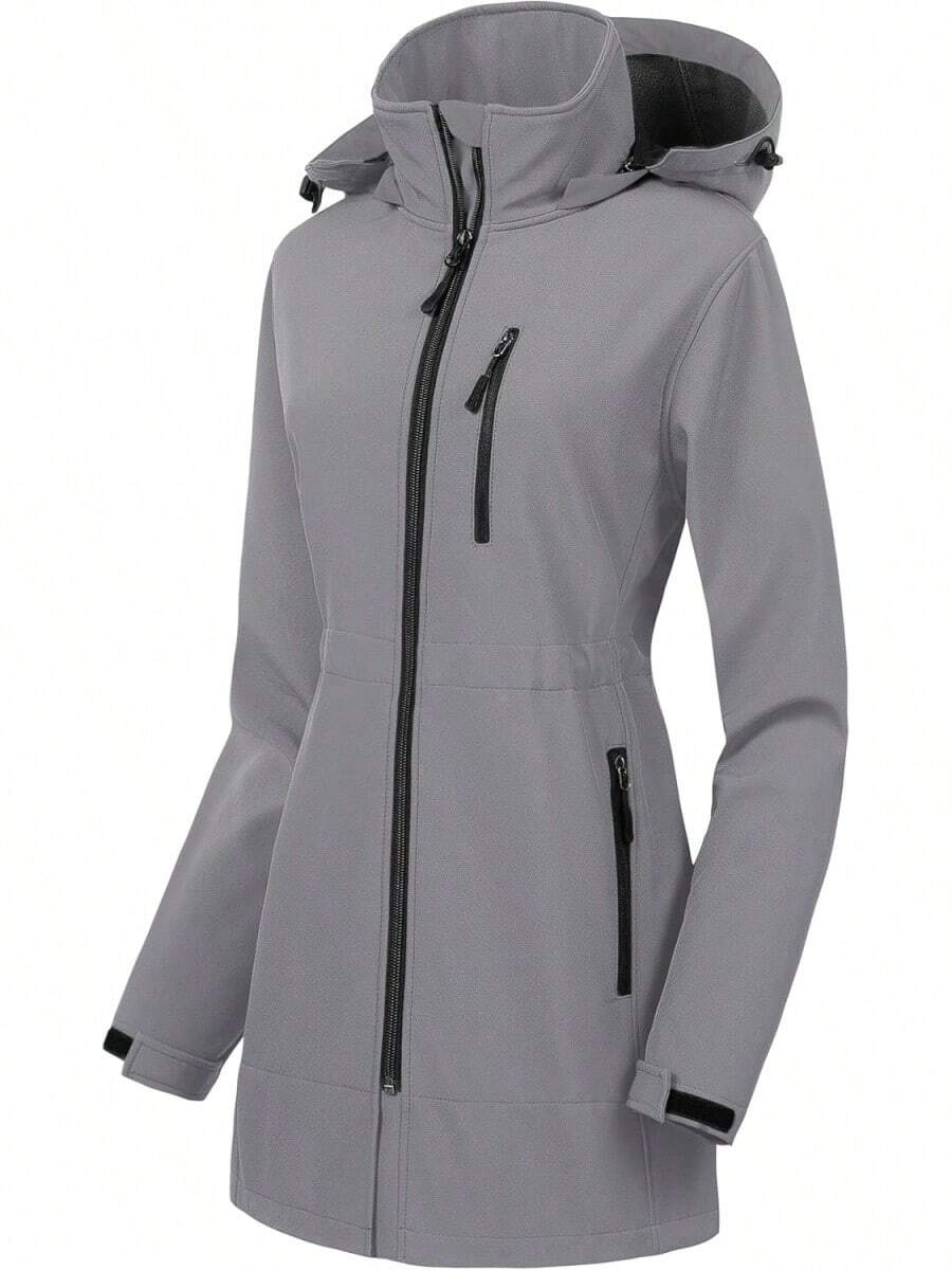 Women's Waterproof Long Trench Coat Fleece Lined Softshell Jacket Lightweight Hooded Raincoat Warm Windbreaker For Outdoor Running Hiking - 淺灰色 - 查看 1