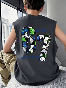 青少年男童无袖背心，印有游戏手柄和数字 67 图案，“Six Seven”标语点缀，休闲宽松版型，适合返校、街头风、日常休闲穿着。 - 深灰色 - 查看 7