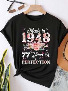 playeras de mujer, Camiseta de mujer con estampado floral, fabricada en 1948, ideal para regalar en su 77 cumpleaños. - Negro - Ver 1