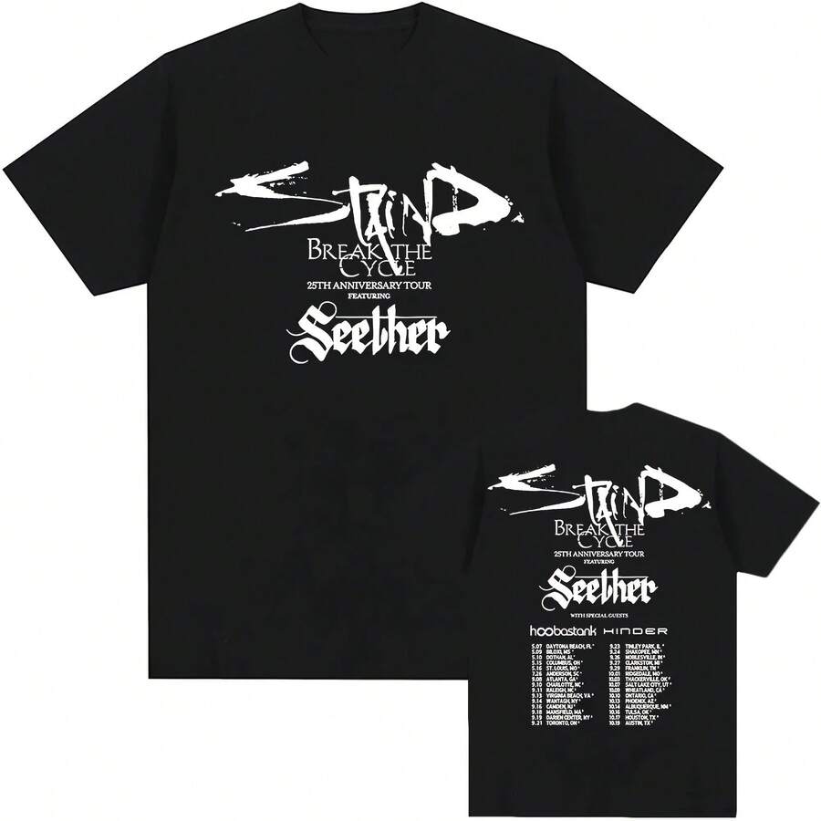 Staind Break The Cycle 25th Anniversary Tour 2026 T-Shirt Seether Band Heavy Mental Fashion Tshirts Unisex Streetwear Print Tee - 黑色 - 查看 1