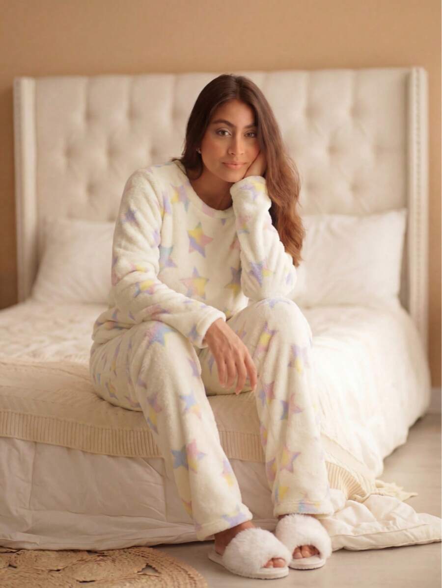 Women's Long Fleece Pajamas, Furry Teddy Style, Warm Winter, Star Off - 白色 - 查看 1