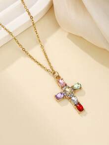 1 chiếc dây chuyền hình thánh giá đính đá lấp lánh kiểu dáng Châu Âu và Mỹ thanh lịch, mặt dây chuyền độc đáo, phù hợp cho phụ nữ đeo hàng ngày hoặc làm quà tặng. - Nhiều màu - Xem 7
