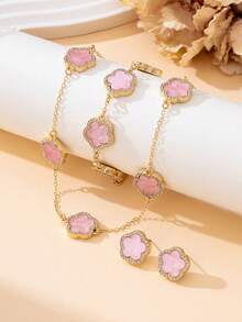 1 Set Elegant Luxury Sparkling Pink Clover Pendant Necklace, 1 Bracelet, 1 Pair Earrings Jewelry Set For Women - Pink - View 1