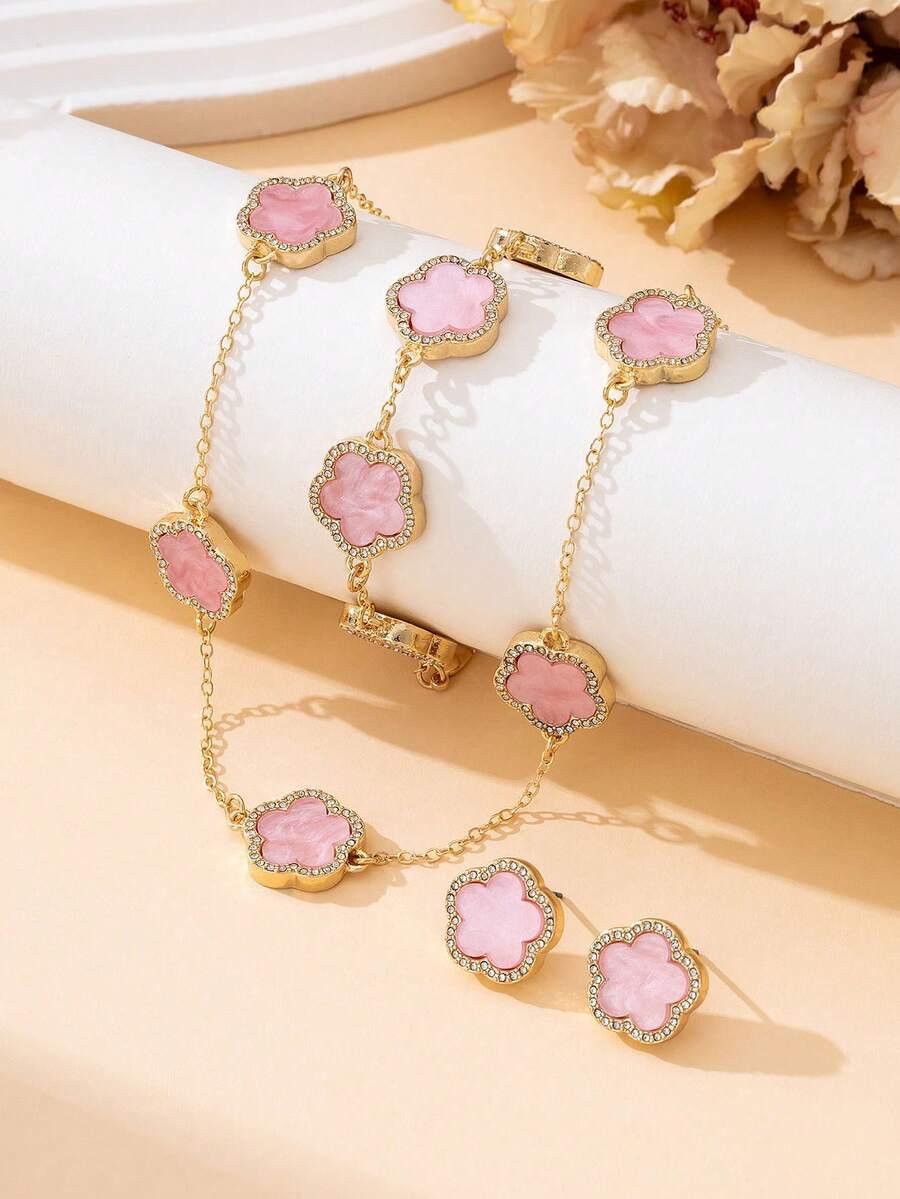 1 Set Elegant Luxury Sparkling Pink Clover Pendant Necklace, 1 Bracelet, 1 Pair Earrings Jewelry Set For Women - Pink - View 1
