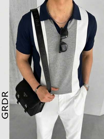 GRDR 1 pieza Camisa polo de negocios casual de verano con contraste de color para hombres