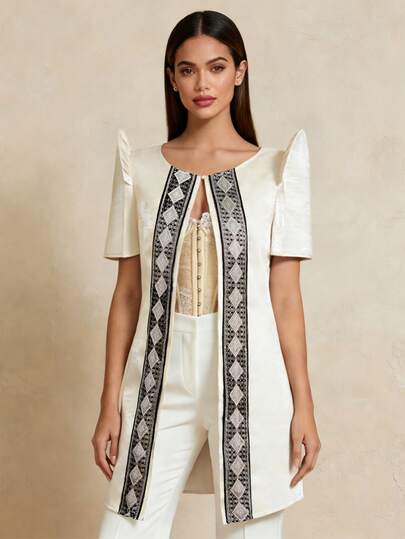 1 pieza Cardigan con mangas de mariposa estilo Filipiniana de patchwork con botones, color champán, adecuado para vacaciones, escuela, oficina, uso diario en verano