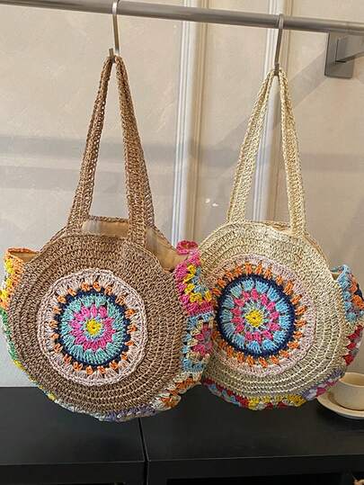 Colorful Mandala Pattern Handmade Straw Shoulder Bag, Bohemian Round Woven Tote Bag, Women Summer Beach Bag