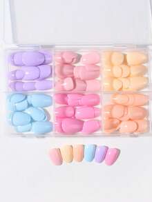 1 Box 144pcs (6 Mixed Colors) Short Oval Glossy Nail Stickers, Solid Color Macaron Series. Acrylic Fake Nails Set, Includes 1pc Jelly Glue And 1pc Nail File. - Multicolor - View 4