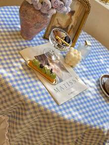 1 pieza Mantel con volantes estilo clásico americano, con parches de encaje y cuadros azules al estilo coreano dulce, adecuado para el Día de San Valentín, bodas y decoración del hogar - Multicolor - Ver 4