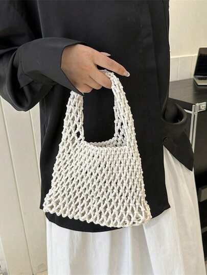 1pc Bohemian Woven Tote Bag, Striped Woven Handbag, Beach Bag, Knitted Tote Bag, Agaric Style, Lightweight Portable Cute, Casual Versatile Handheld Bag, Woven Hollow Small Bag, Chic Crochet Tote Bag, Beach Bag - Women's Shoulder Beach Shopping Bag, Ideal For Women On Vacation And Beach, Essential For Summer, Autumn And Winter, Eye-Catching Beach Bag For Summer