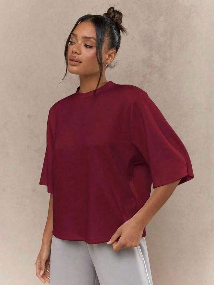Summer TopsValentine Fits For WomenMISSGUIDED Oversized T Shirt Mock Neck Wide Half Sleeve Boxy Fit Casual Office Weekend Fall Winter Fashion Minimalist Versatile Essential ClassicLoose And Comfortableshirt SummerLoose And Comfortablesummer Outfits For Women - 酒紅色 - 查看 4