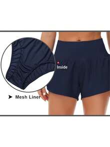 Womens High Waisted Running Shorts Quick Dry Athletic Workout Shorts With Mesh Liner Zipper Pockets - Navy Blue - View 6