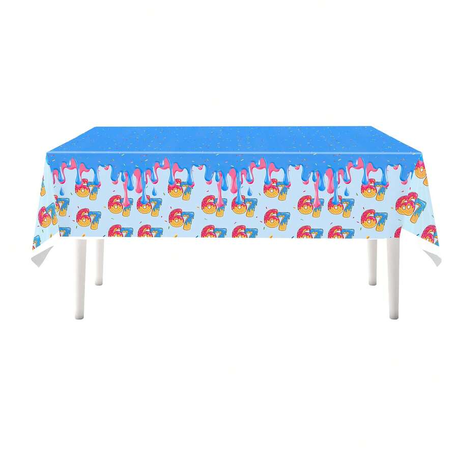1/3 Interesting Number 67 Ice Cream Drip Birthday Tablecloth, Size 108x180 Cm/43x71 Inches, Made Of PE Material, Colorful Party Decor Tablecloth With Sprinkle And Drip Frosting Pattern, Suitable For Birthday And Dessert Theme Parties - View 1