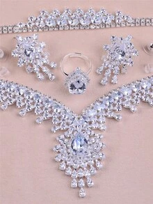 CORUIXI 4件套女士优雅首饰套装 - 银色水滴形锆石项链、手链、耳环、戒指，闪亮配饰，适合婚礼、派对、生日等场合 - 銀色 - 查看 3