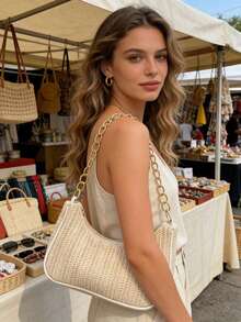 女士草编单肩包，金色链条肩带，夏季沙滩休闲手提包 - 米色 - 查看 5