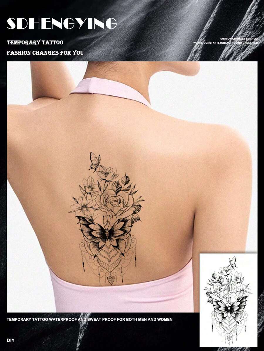 1pc Fashionable Butterfly & Flower Chain Design Creative Temporary Tattoo, Floral Print, Butterfly Pattern Temporary Tattoo Sticker, Unisex Body Art Tattoo, Waterproof & Sweatproof, Suitable For Arms, Hands, Abdomen And Feet - , Easy To Apply And Remove, Lasts 7-14 Days, Beach Party Accessory Sticker DIY Gift - Black - View 1