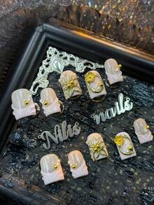 10pcs/Set Handmade Full Coverage Rectangular Acrylic Nail Art Set, Light Pink Nails, Light Pink French Nails, With Gold Hand-Painted Floral Line Patterns, Asymmetrical Border Lines, Transparent Water Ripple And Other Geometric Patterns, 3D Metal Flowers & Gold Beads & White Pearls Nail Decorations - Baby Pink - View 3