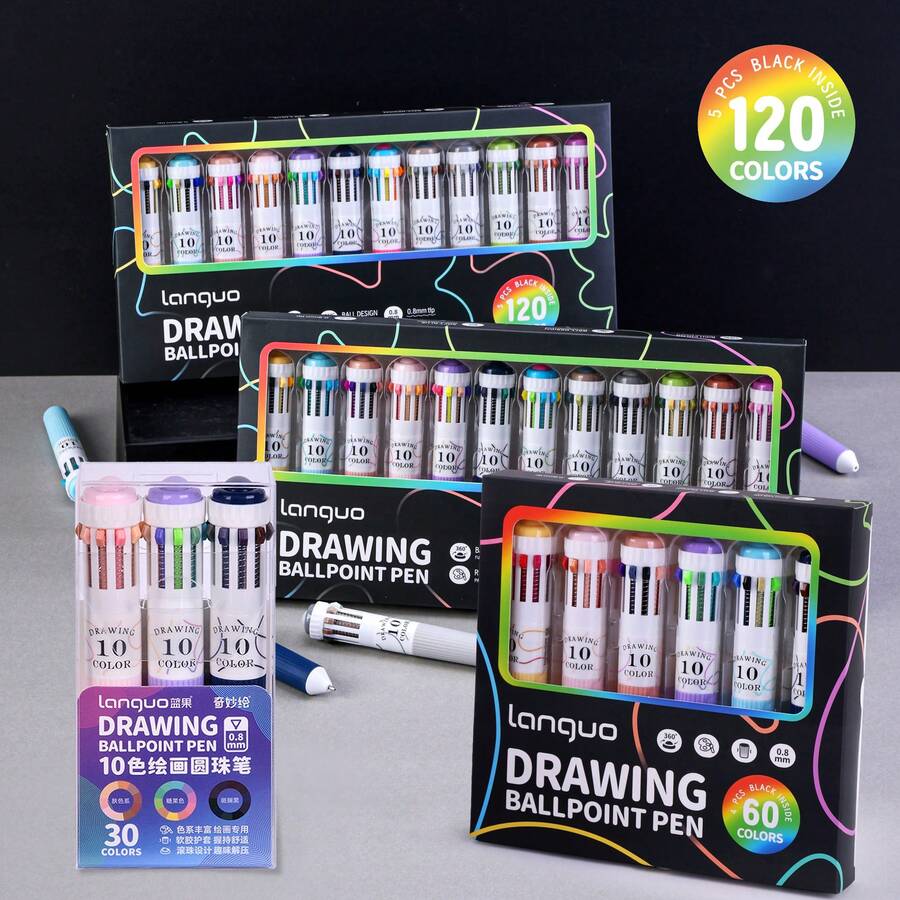 3-12pcs Ballpoint Pens 28-120 Colors Set, 0.8mm Bullet Tip For Smoother Ink Flow, Rich Colors With Layering Capability, Soft Rubb, First Day Of School - Multicolor - View 1