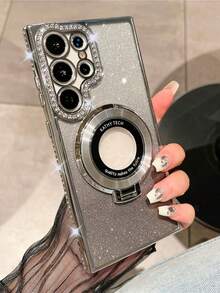 Luxury Plating Gradient Glitter Diamond Stand Holder Phone Case Compatible With Samsung Galaxy S26 Ultra S25 S24 Ultra S23 S22 Ultra S24 Plus S25 Plus Wireless Charging Camera Protective Shockproof Cover - Silver - View 3