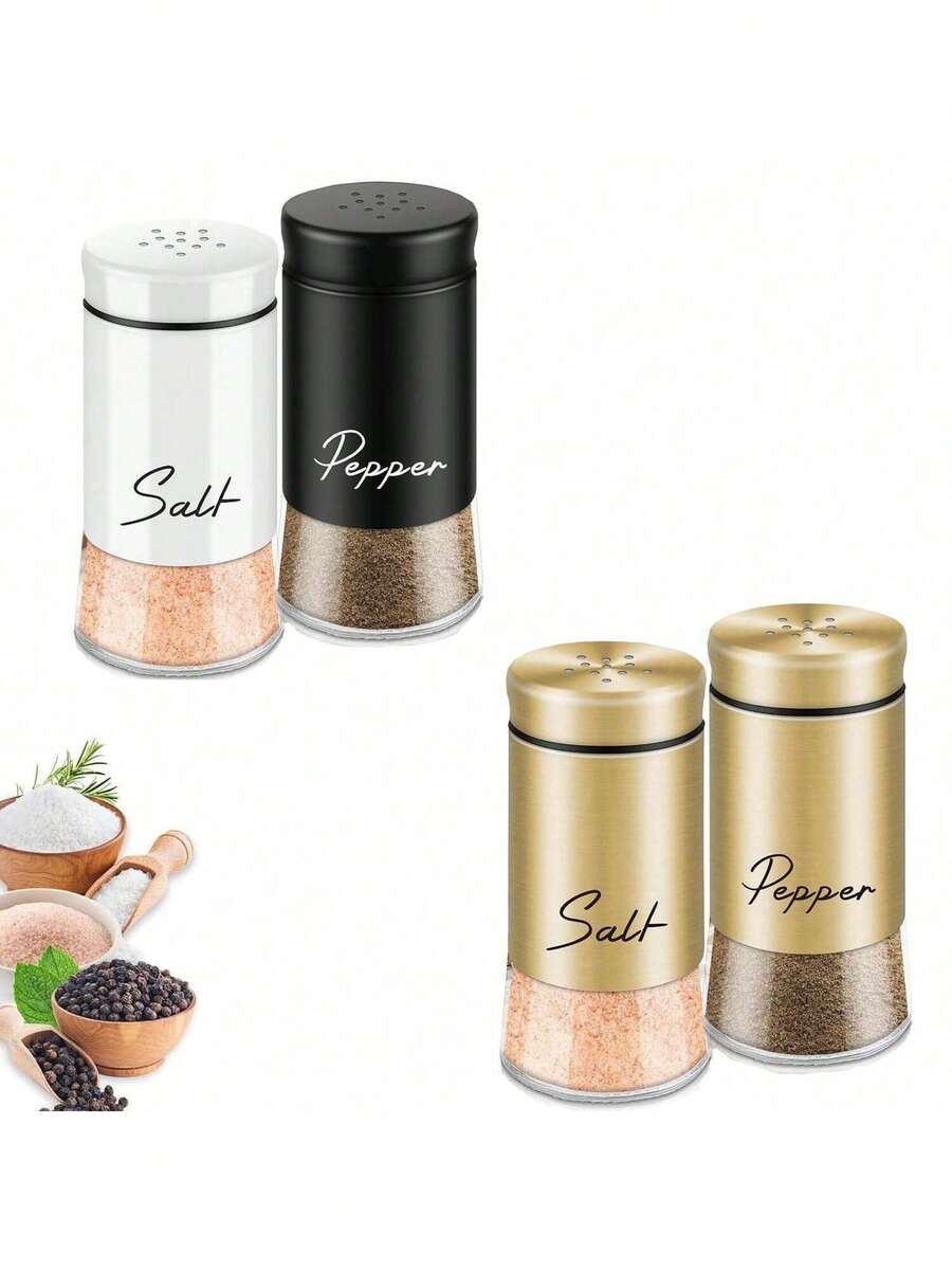 2pcs/Set Salt And Pepper Shaker Set, With Transparent Glass Bottom Salt Shaker, 5oz Salt And Pepper Set For Cooking, Tabletop, Camping, Barbecue, Black And White Kitchen Decor And Accessories - Multicolor - View 1