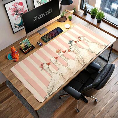 Large Size Pink Desk Mat With Goose Pattern, Vintage Style Desk Pad, Gift For Goose Lovers, Comfortable Gaming Player Gift, Beautiful Office Decor